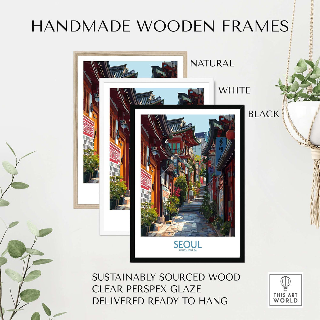 Handmade wooden frames in natural, white, and black, showcasing a Seoul city scene poster, sustainably sourced wood.