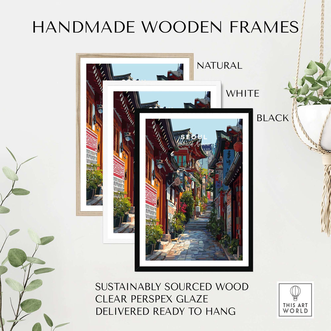 Handmade wooden frames in natural, white, and black colors showcasing a Seoul street print, sustainably sourced and ready to hang.
