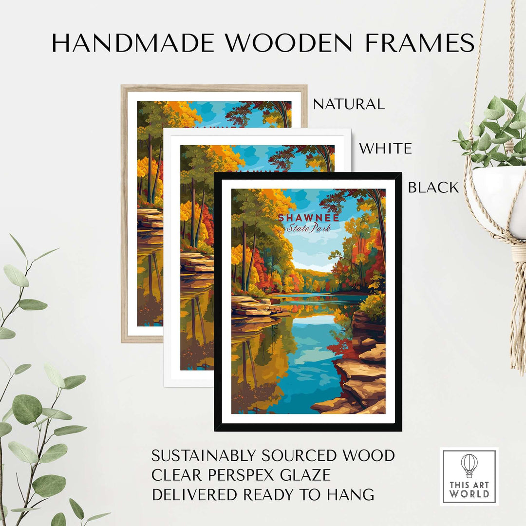 Handmade wooden frames in natural, white, and black colors for Shawnee State Park print.