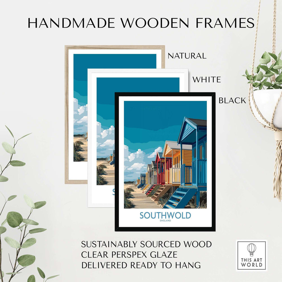 Handmade wooden frames in natural, white, and black for Southwold seaside poster, ready to hang and sustainably sourced.