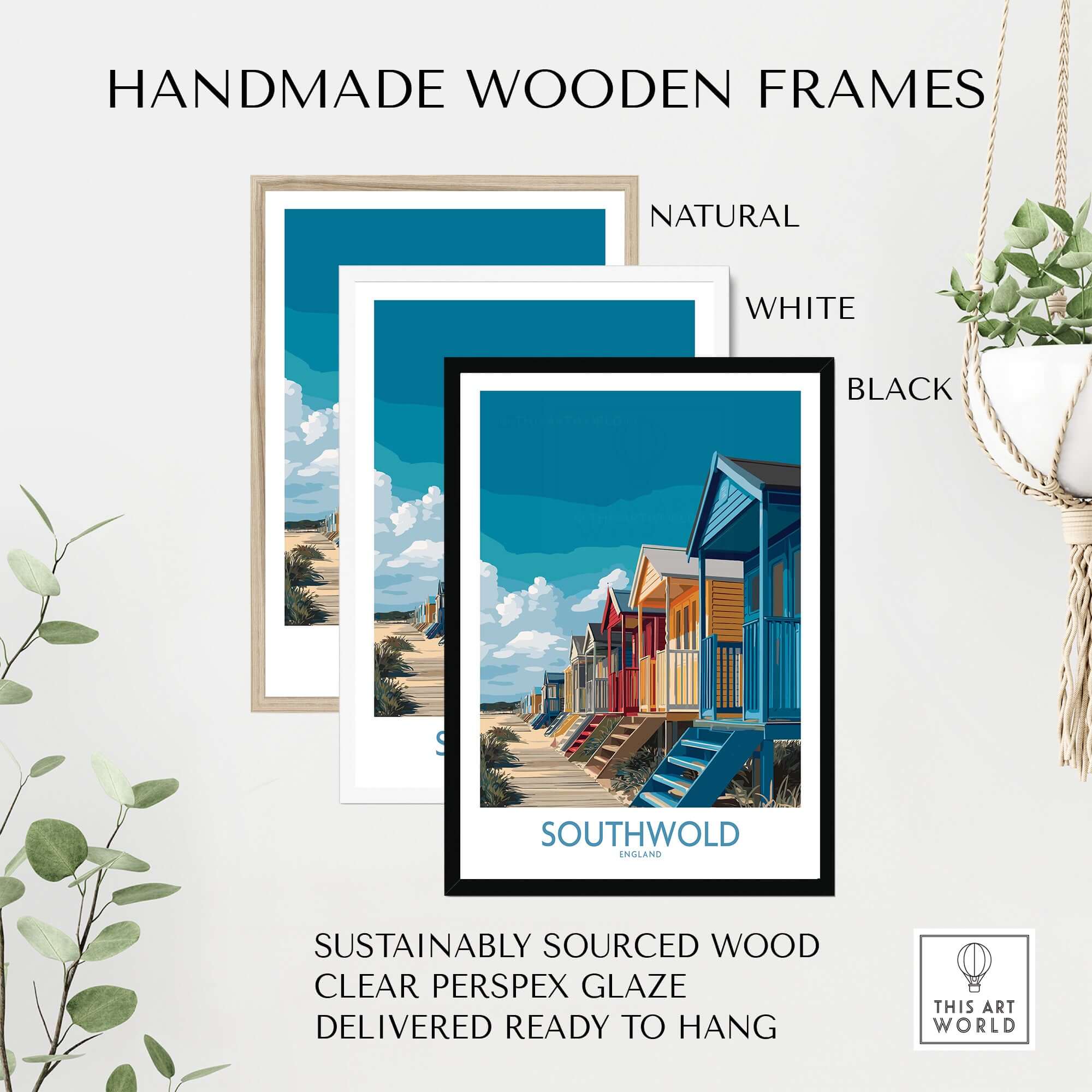 Handmade wooden frames in natural, white, and black for Southwold England English Seaside Poster - Vibrant Beach Scene Decor.
