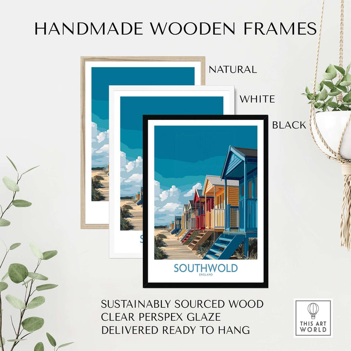 Handmade wooden frames in natural, white, and black for Southwold seaside poster, ready to hang and sustainably sourced.