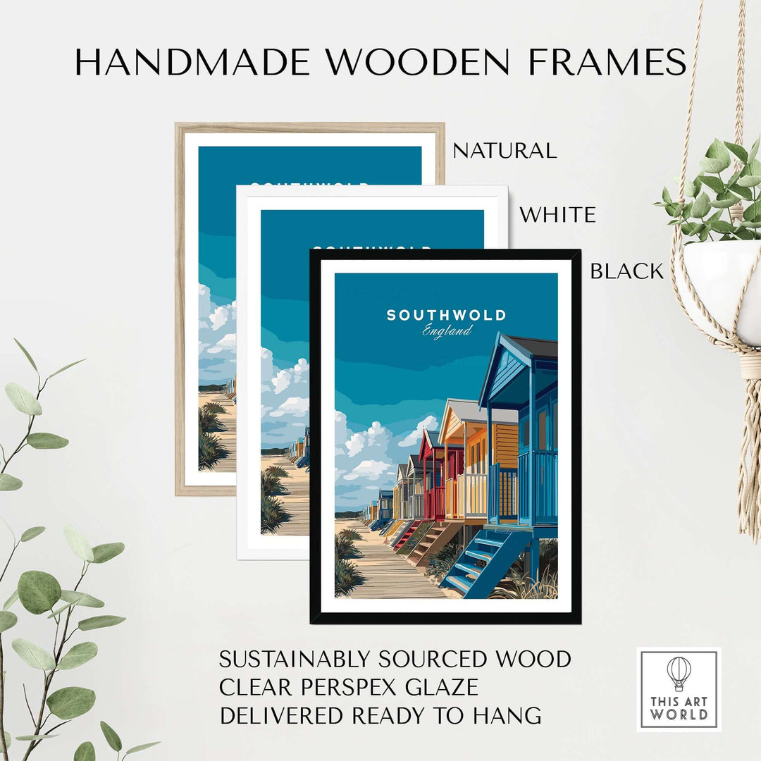 Handmade wooden frames in natural, white, and black for Southwold England print, sustainably sourced and ready to hang.
