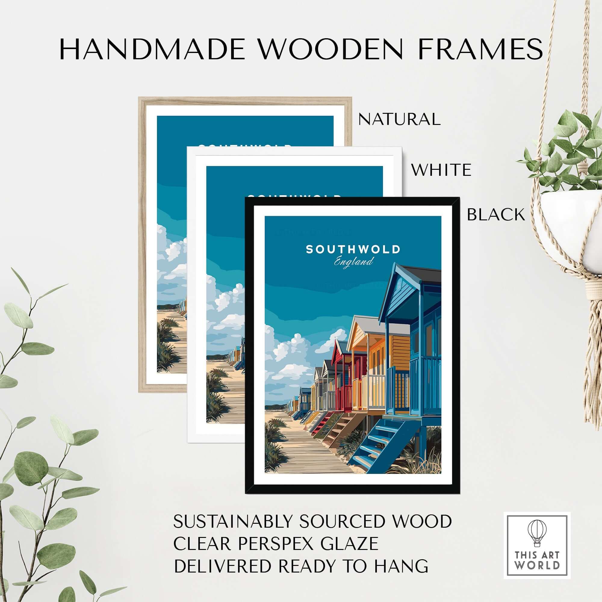 Southwold England Colorful Beach Huts Print - Suffolk Coastal Wall Art framed in handmade wooden frames.