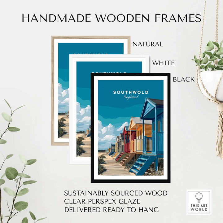 Handmade wooden frames in natural, white, and black for Southwold England print, sustainably sourced and ready to hang.