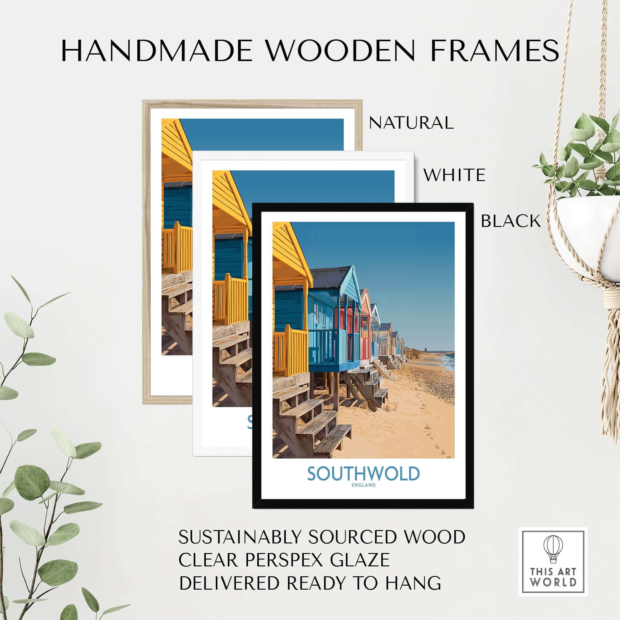 Southwold England Travel Poster in handmade wooden frames, showcasing charming seaside colors and design.
