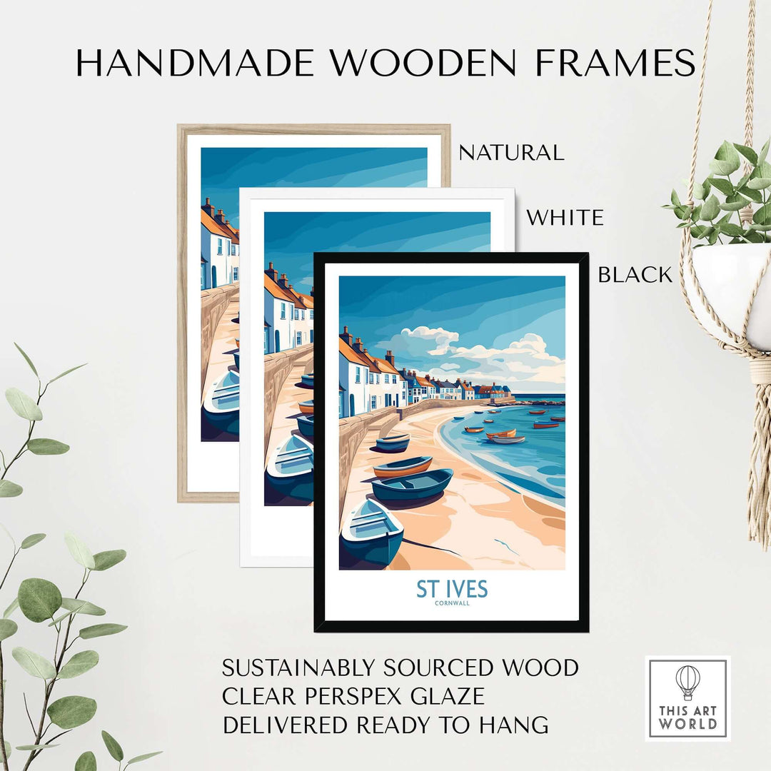 Handmade wooden frames in natural, white, and black, showcasing St Ives coastal wall art. Ready to hang decor.
