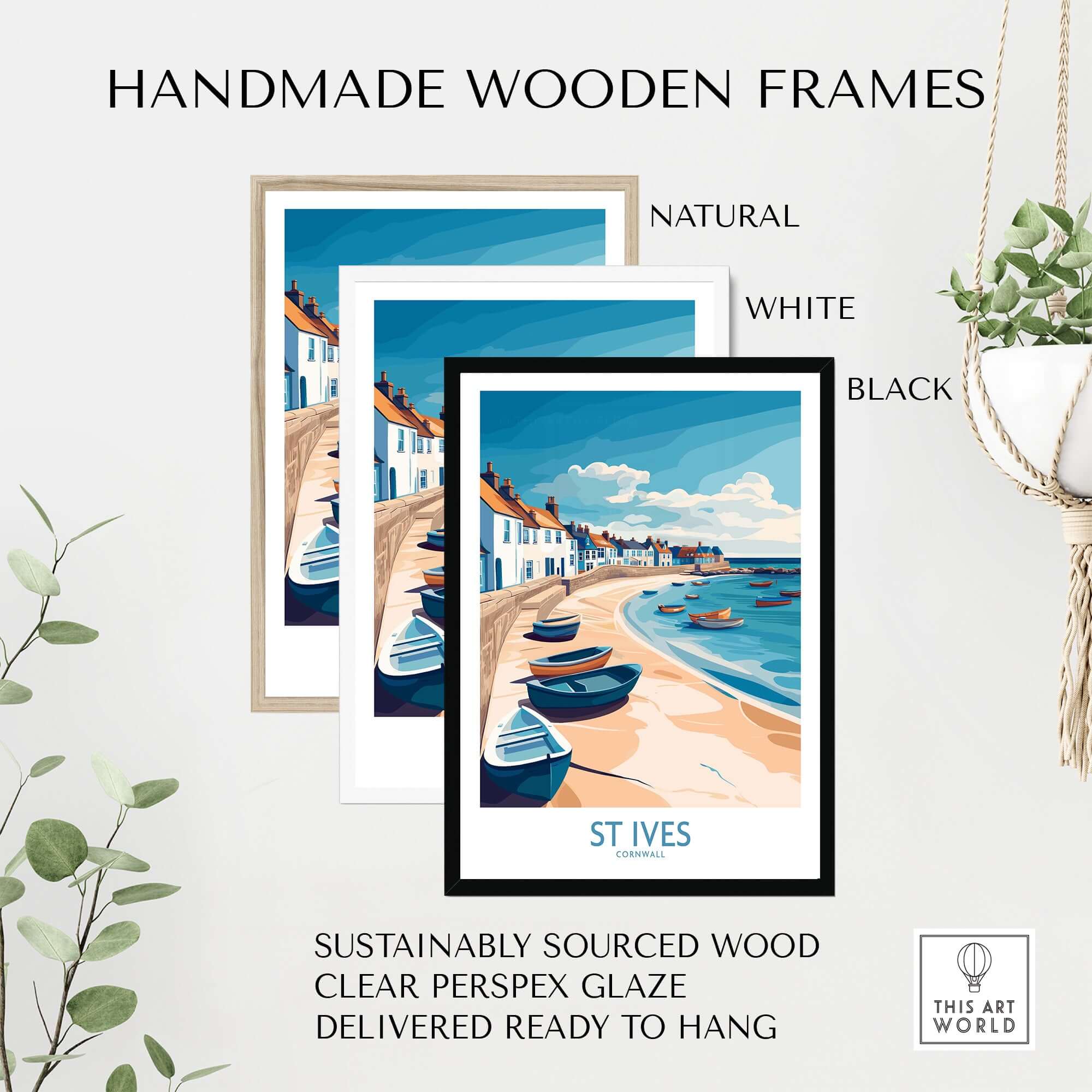 St Ives Cornish Harbor Wall Art - Cornwall Coastal Travel Destination Decor in handmade wooden frames.
