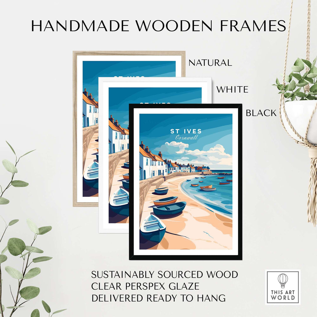 Handmade wooden frames in natural, white, and black for St Ives Beach Boats seascape poster, ready to hang.