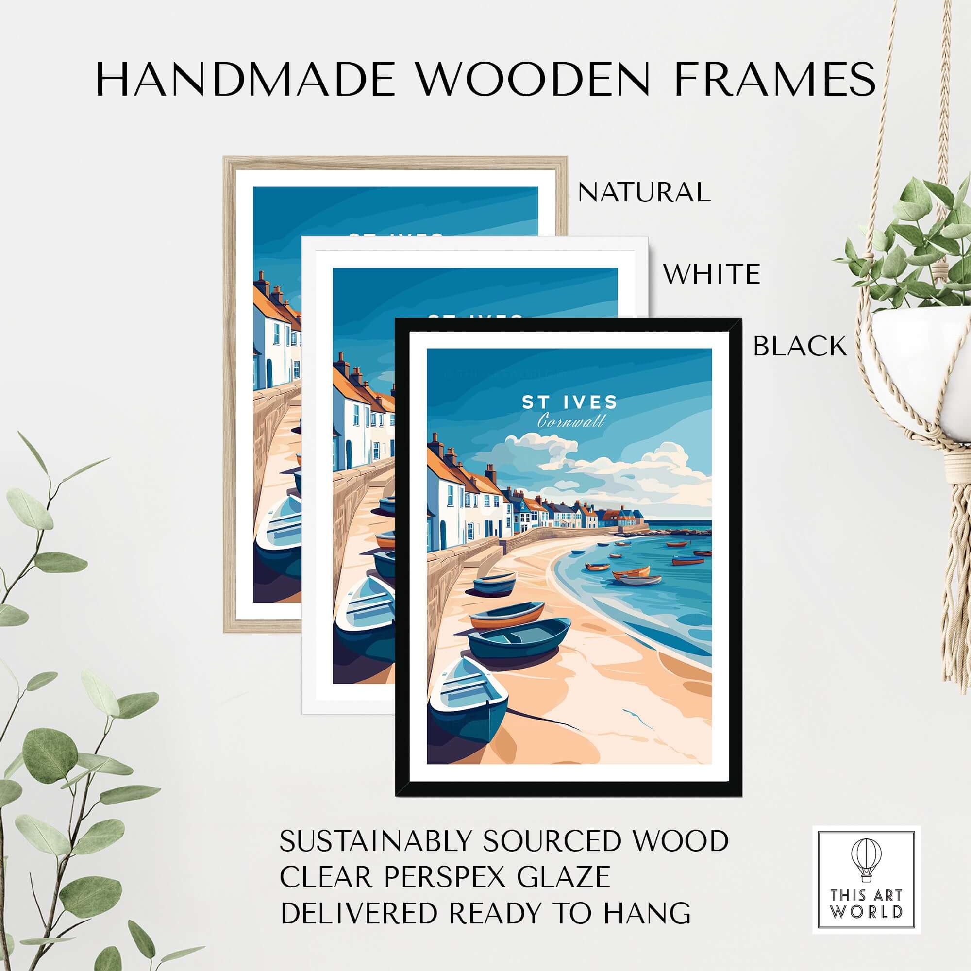 St Ives Beach Boats Seascape Poster - Cornwall Seaside Village Print in handmade wooden frames in natural, white, and black.
