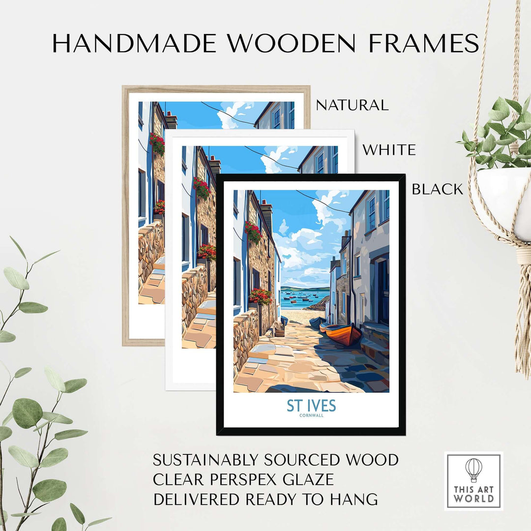 Handmade wooden frames in natural, white, and black styles for St Ives wall art, ready to hang and sustainably sourced.