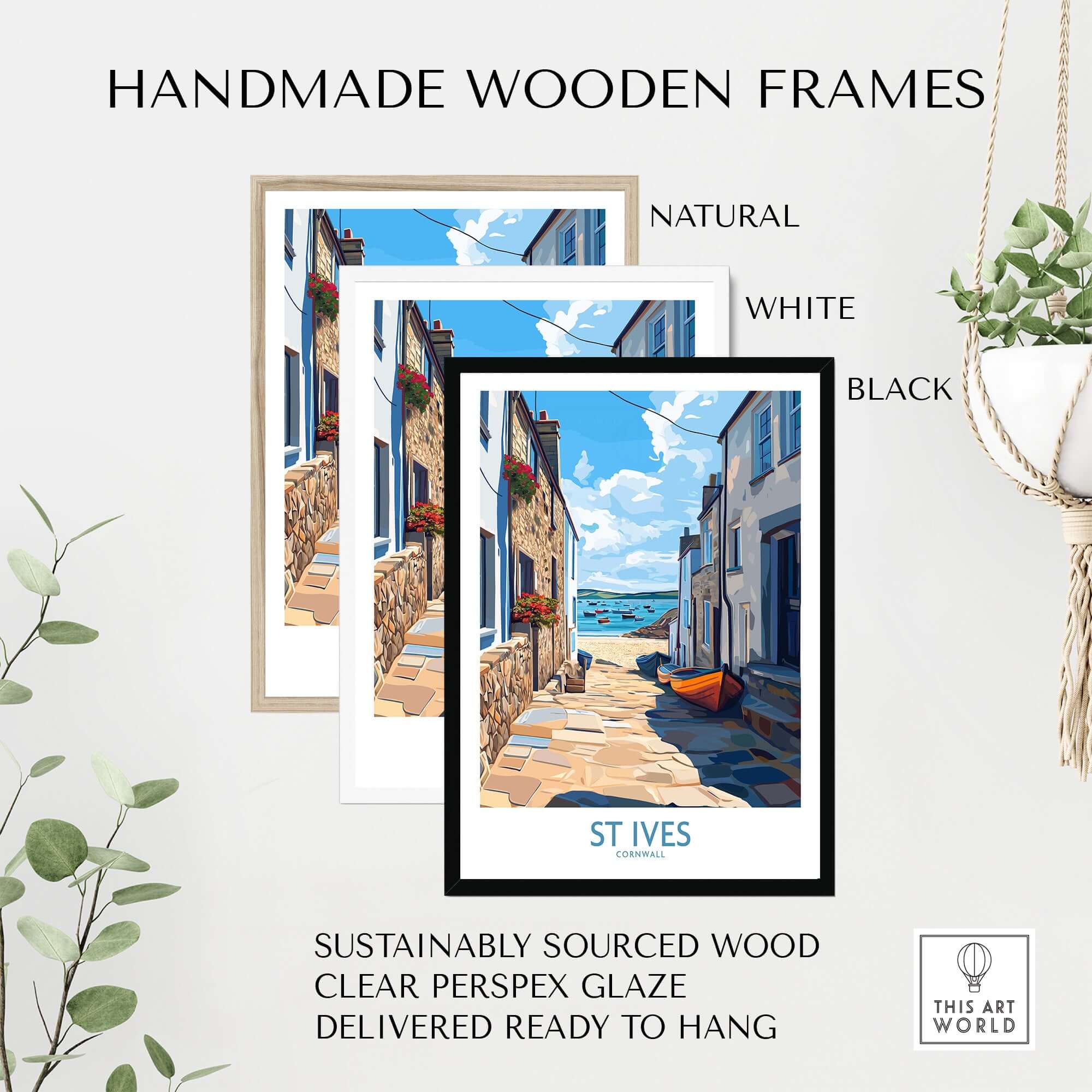 St Ives Cornwall Cornish Village Wall Art - Harbor Boats Decor framed in handmade wooden frames natural white and black.