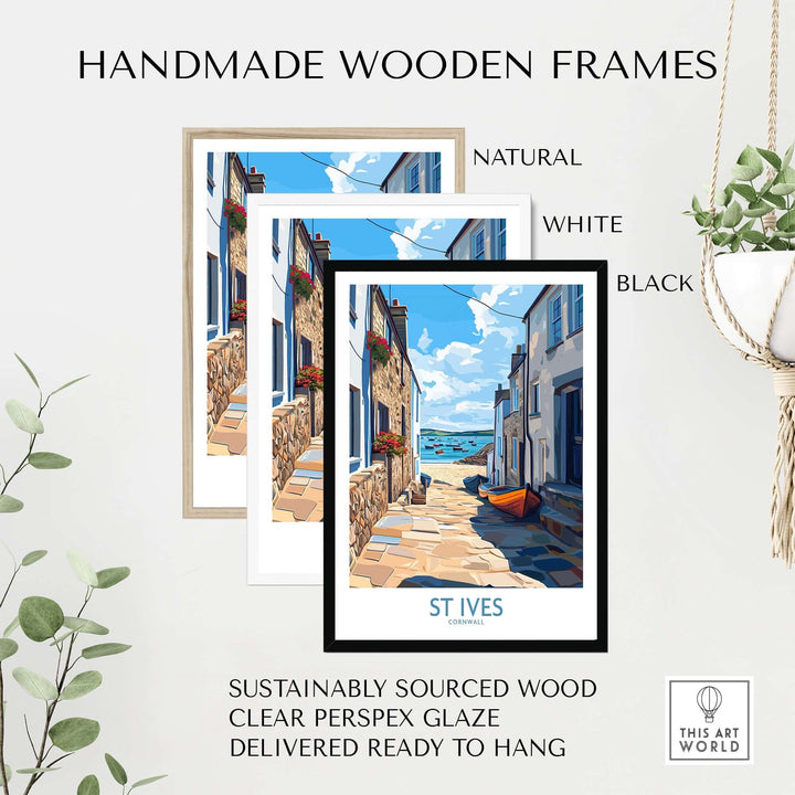 Handmade wooden frames in natural, white, and black styles for St Ives wall art, ready to hang and sustainably sourced.