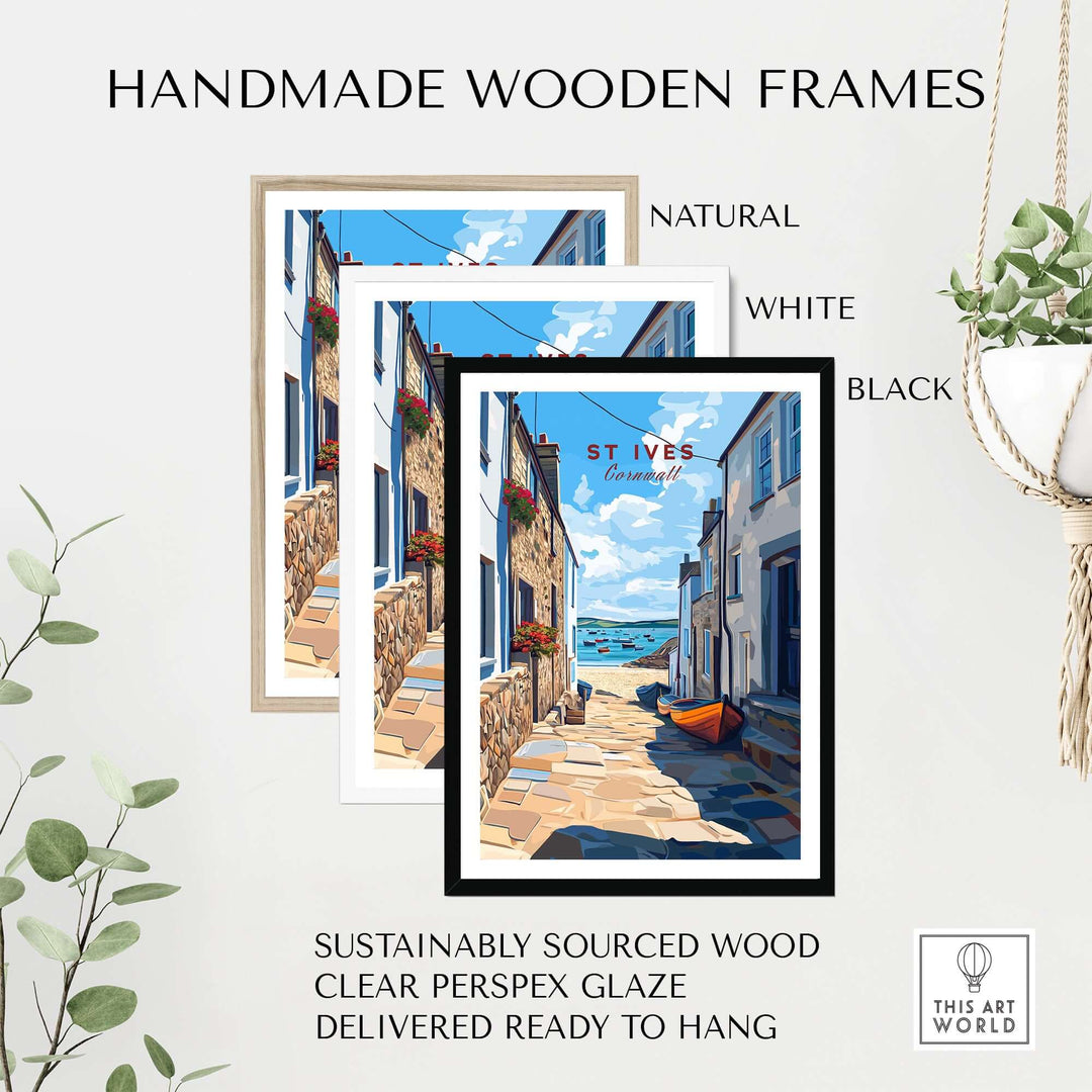 Handmade wooden frames in natural, white, and black for St Ives beach view print, ready to hang.