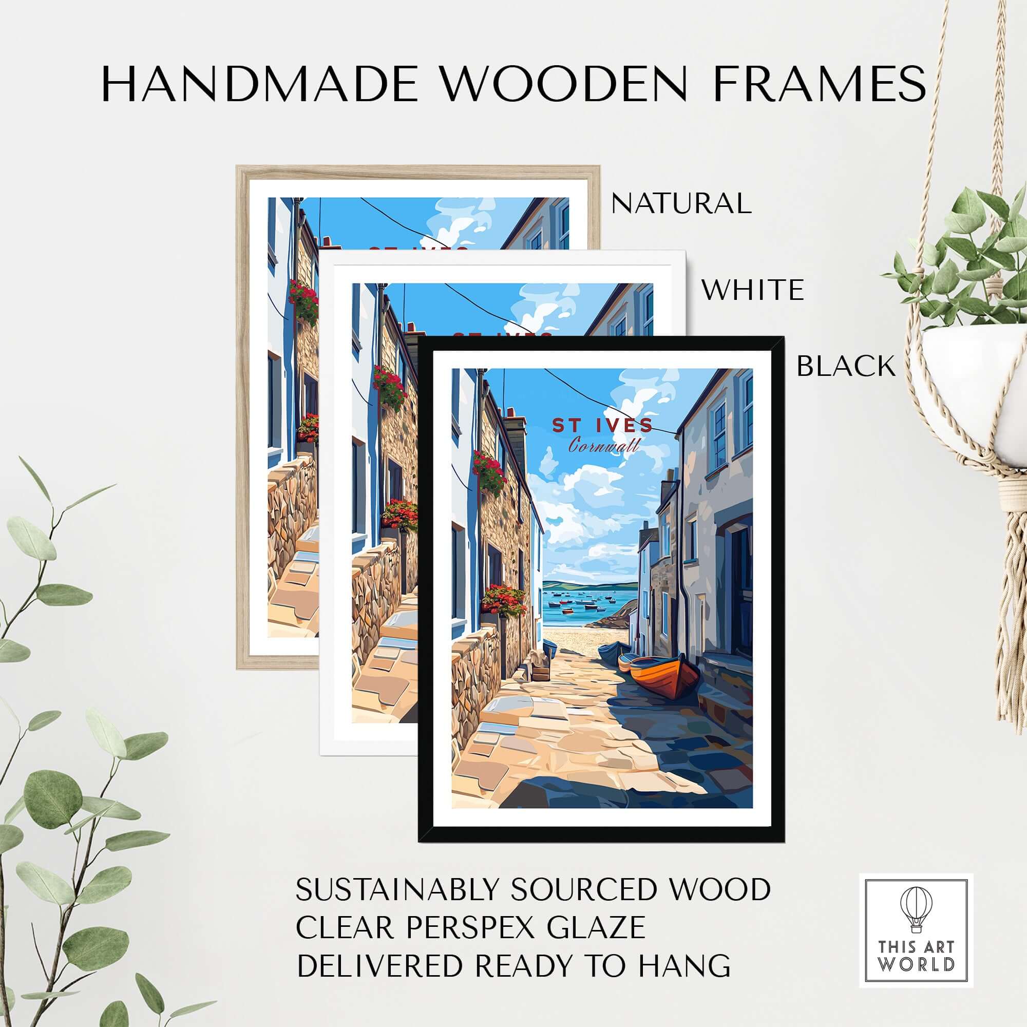 St Ives Cornwall Alleyway Beach View Print - Picturesque Coastal Town Poster displayed in handmade wooden frames.