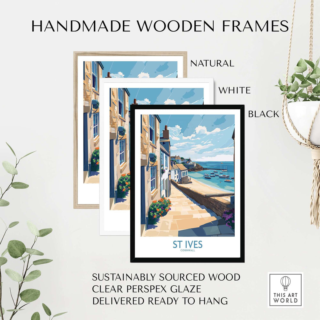 Handmade wooden frames for St Ives wall art, available in natural, white, and black, sustainably sourced for easy hanging.