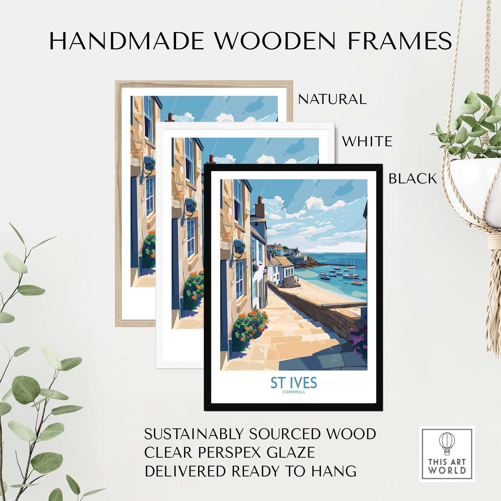 St Ives Cornwall Coastal Alleyway Wall Art - Cornish Travel Destination showcased in handmade wooden frames.