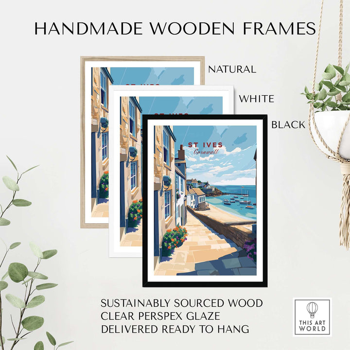 Handmade wooden frames in natural, white, and black styles, ideal for St Ives Cornwall prints, ready to hang.