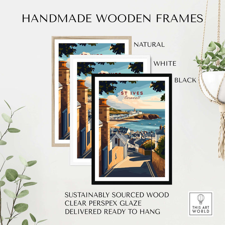 Handmade wooden frames in natural, white, and black for St Ives artwork, ready to hang with clear perspex glaze.
