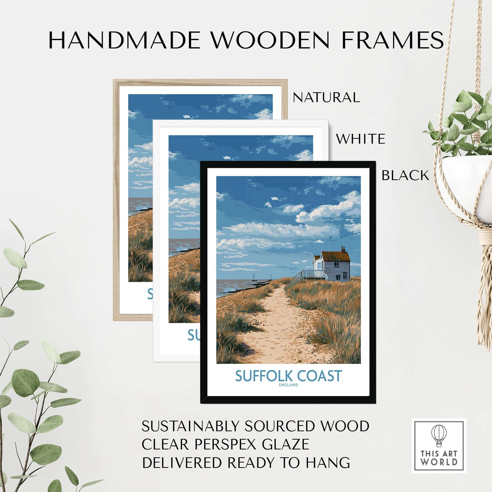 Suffolk Coast England English Shoreline Poster - Rural Landscape Travel Decor framed in handmade wooden frames