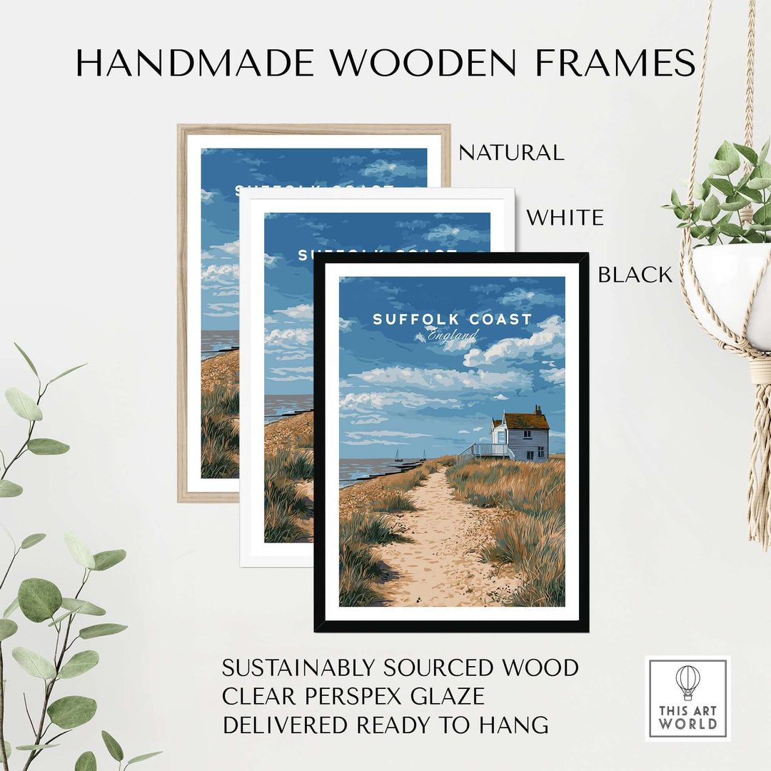 Handmade wooden frames in natural, white, and black for Suffolk Coast seaside art, sustainably sourced with clear glaze.