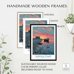Handmade Wooden Frames for Suffolk Coast Poster England Tranquil Evening Seascape - UK Travel Print in natural, white, and black.