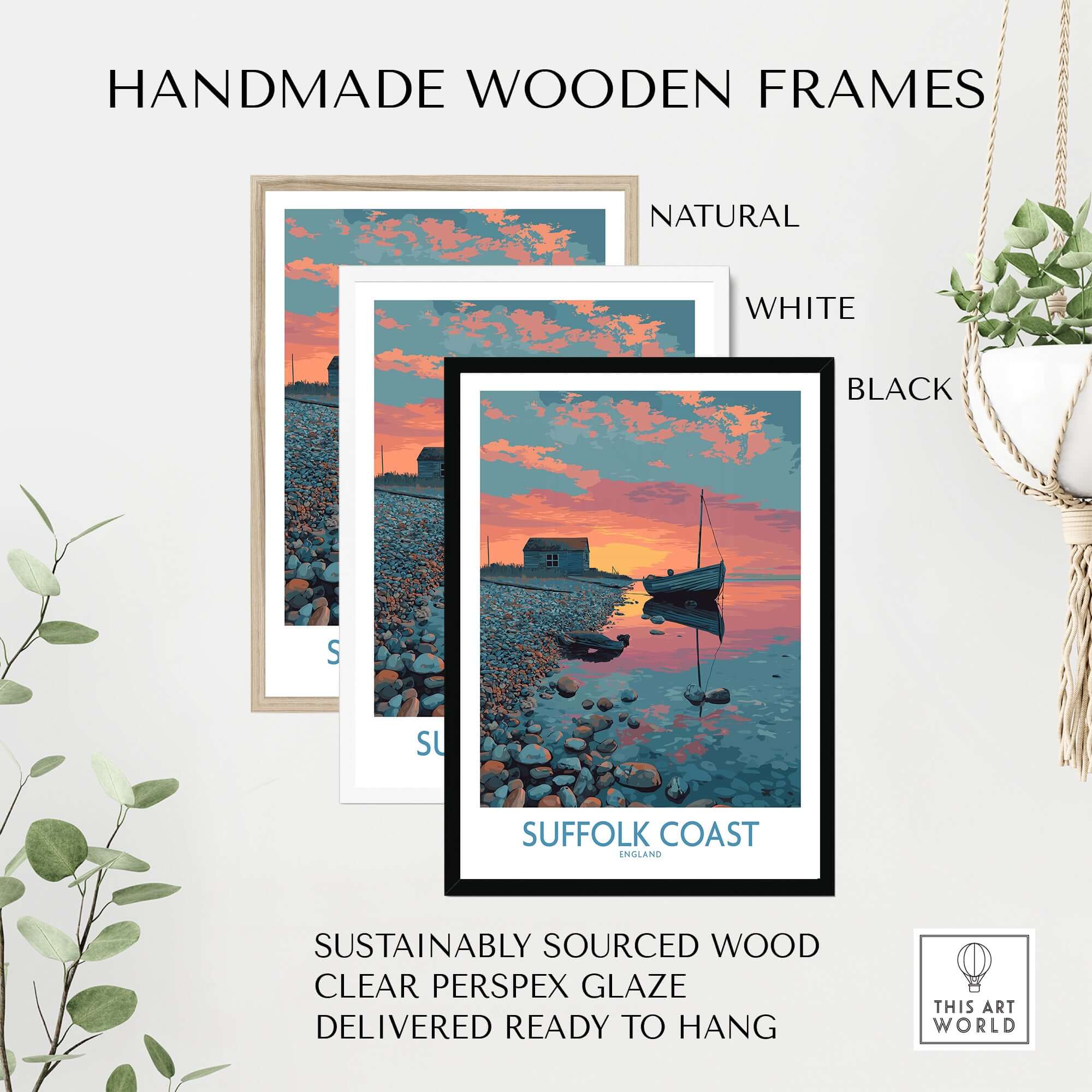 Handmade Wooden Frames for Suffolk Coast Poster England Tranquil Evening Seascape - UK Travel Print in natural, white, and black.