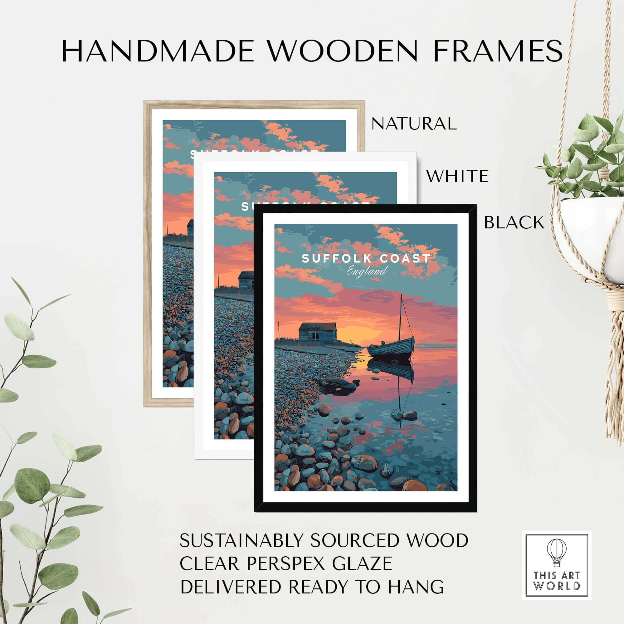 Handmade wooden frames for Suffolk Coast Print England Sunset Boat Pebble Beach - Coastal Hut Wall Art in natural, white, and black.