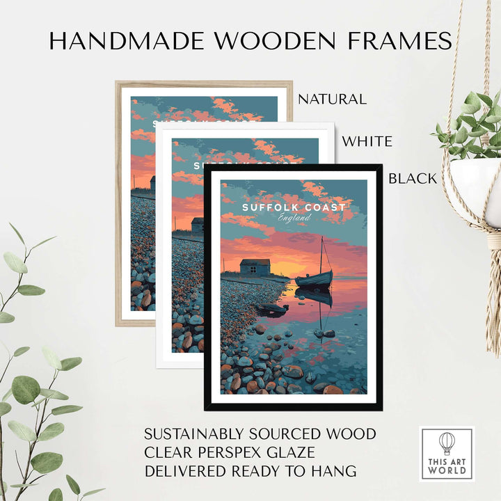 Handmade wooden frames in natural, white, and black for Suffolk Coast sunset print, ready to hang.