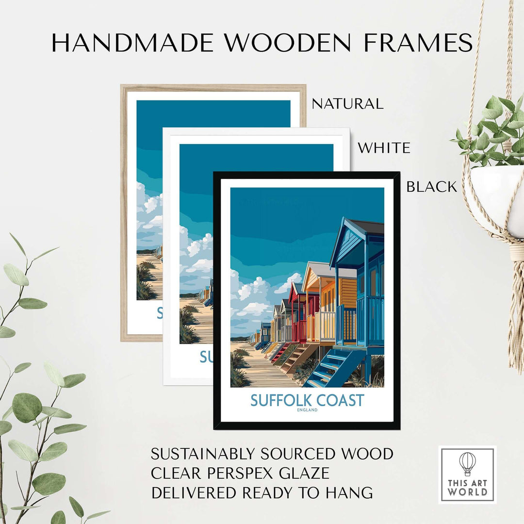 Handmade wooden frames in natural, white, and black for Suffolk Coast poster, sustainably sourced and ready to hang.