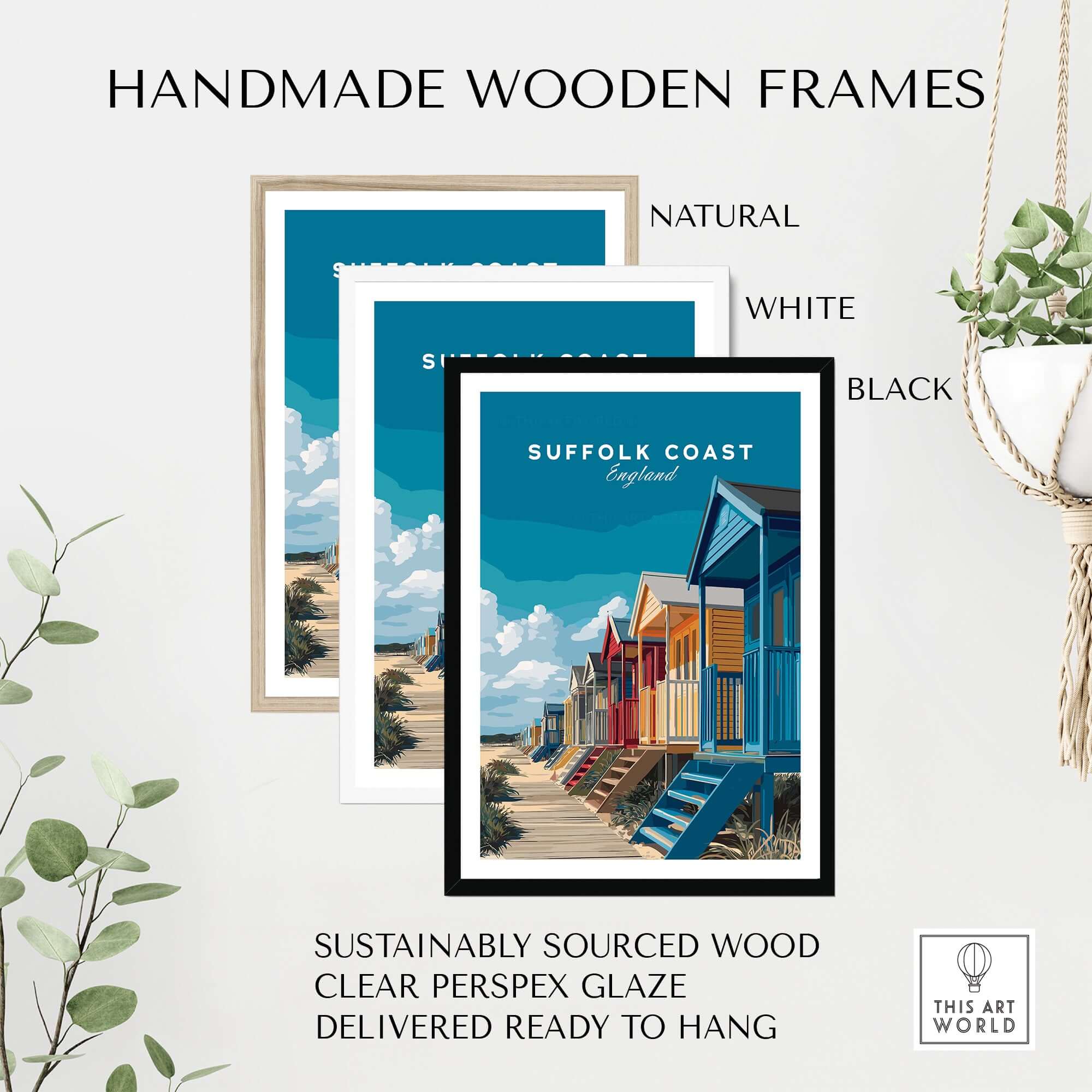 Suffolk Coast England Colorful Beach Huts Print - Vibrant Seaside Wall Art framed in natural, white, and black handmade wooden frames.