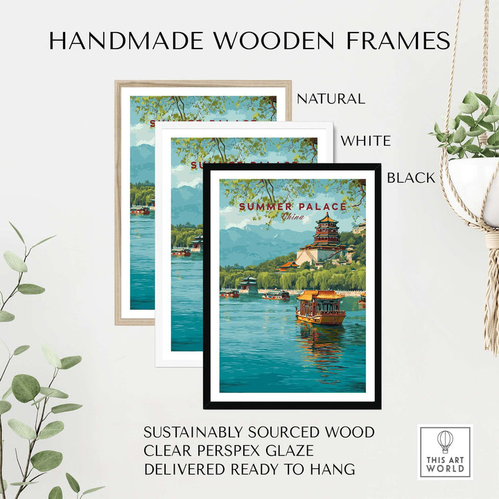 Handmade wooden frames in natural, white, and black for Summer Palace art print, sustainably sourced and ready to hang.