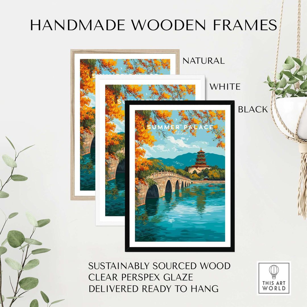 Handmade wooden frames in natural, white, and black with Summer Palace print, sustainably sourced and ready to hang.