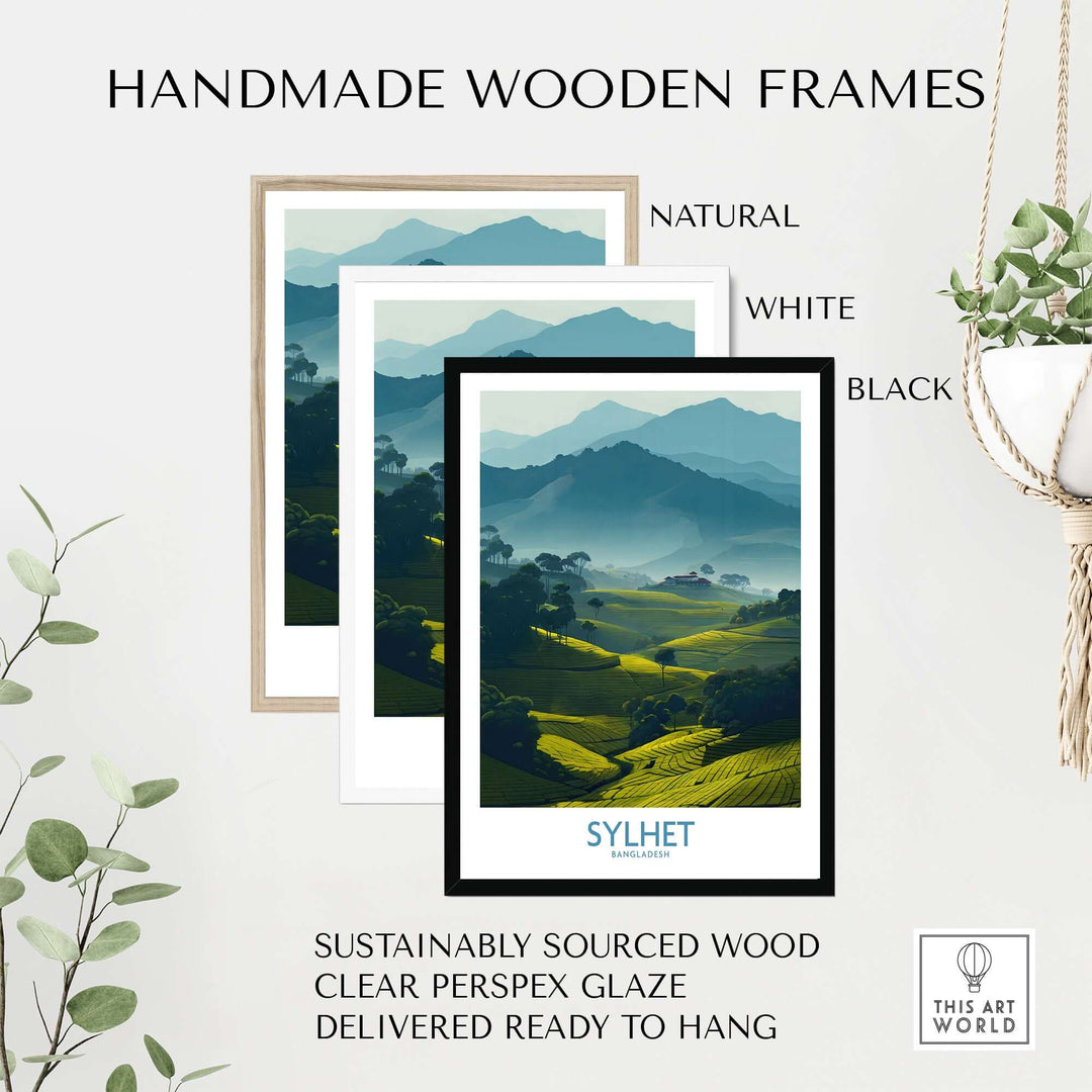 Handmade wooden frames in natural, white, and black showcasing Sylhet tea plantation artwork.