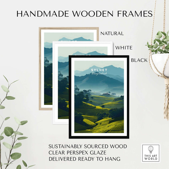 Three handmade wooden frames in natural, white, and black displaying Sylhet tea plantation art with greenery.