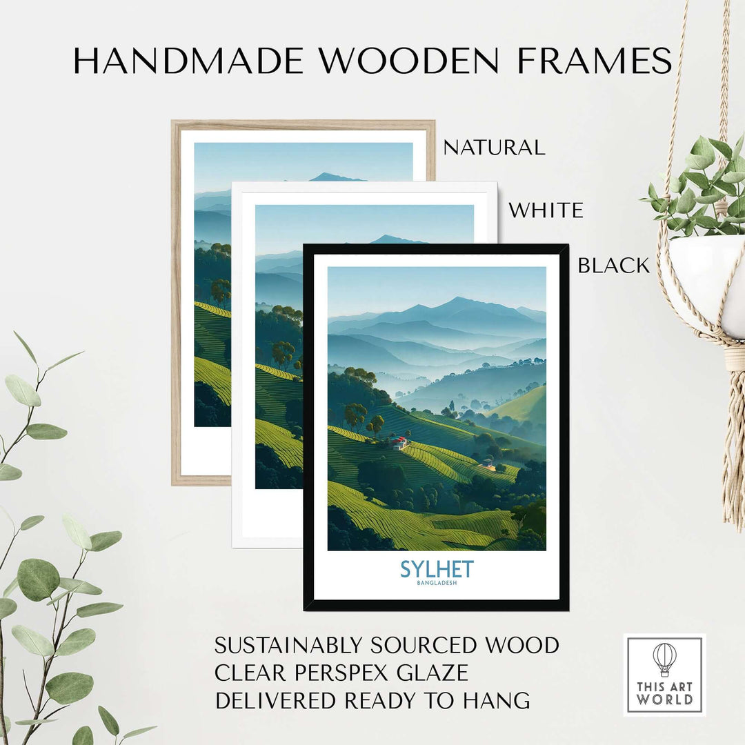 Handmade wooden frames in natural, white, and black for Sylhet Bangladesh tea plantation art, sustainably sourced and ready to hang.