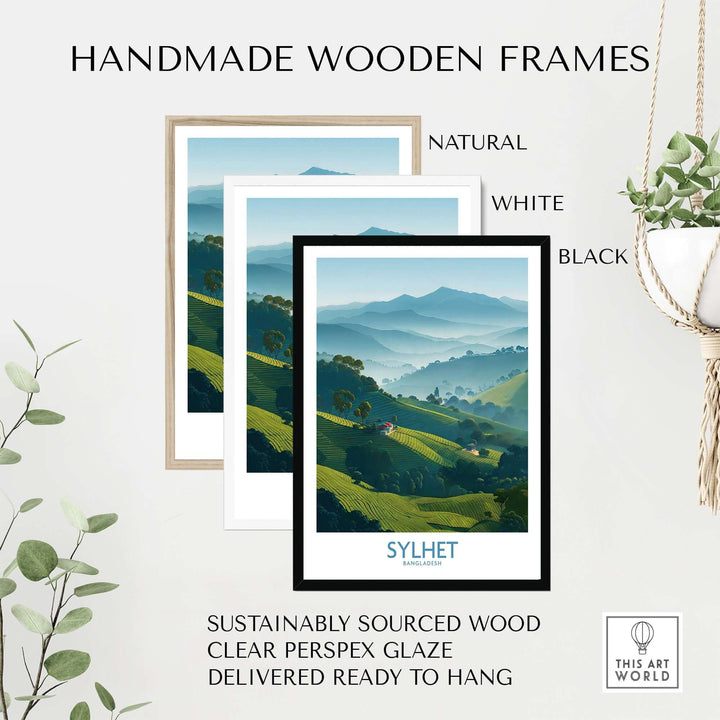 Handmade wooden frames in natural, white, and black for Sylhet Bangladesh tea plantation art, sustainably sourced and ready to hang.