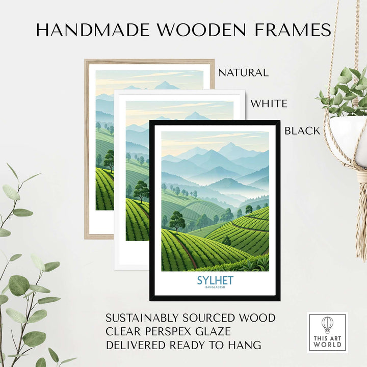 Handmade wooden frames in natural, white, and black styles for Sylhet Bangladesh wall art, sustainably sourced and ready to hang.