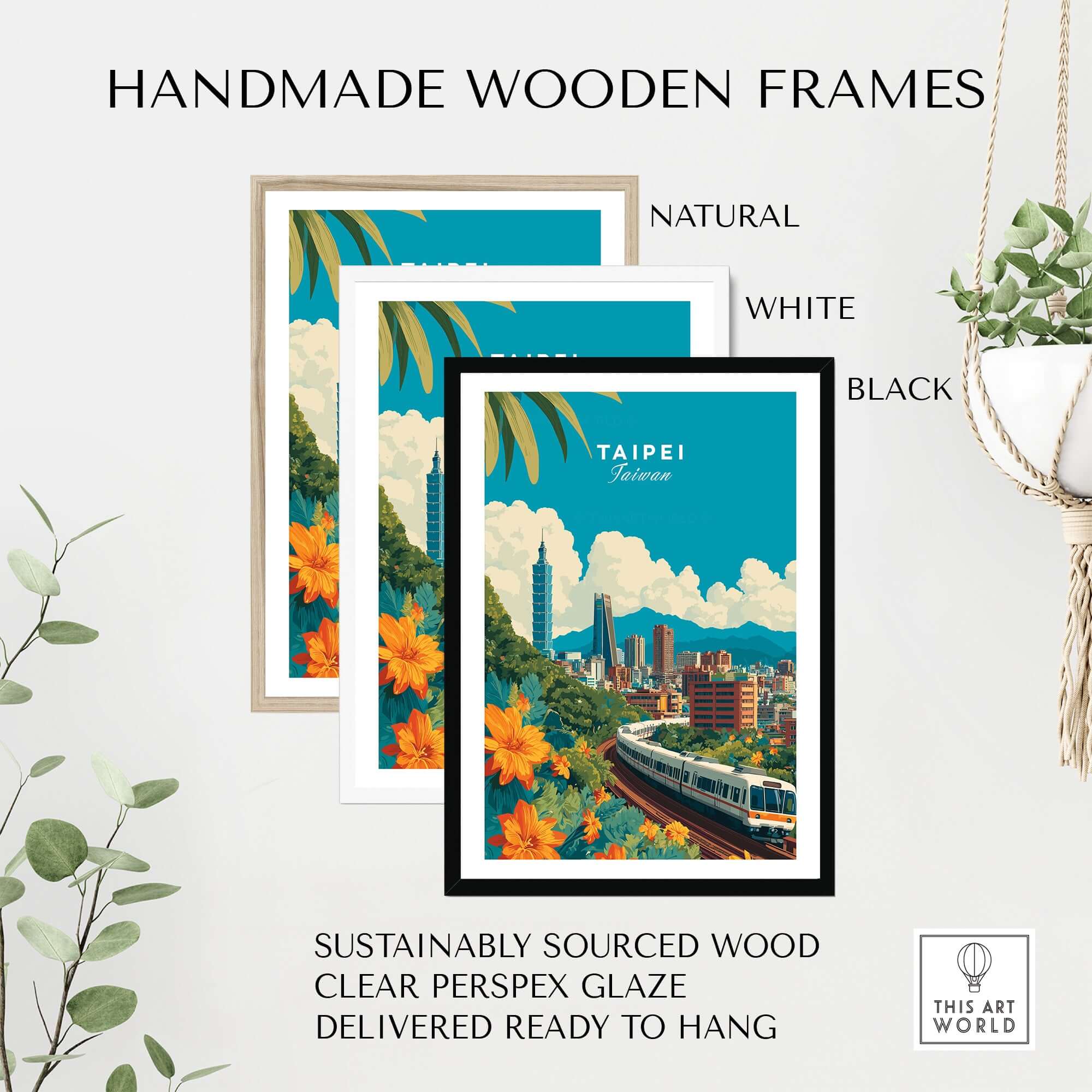 Handmade wooden frames in natural, white, and black for Taipei Print Taiwan City Skyline MRT Train Poster - Urban Landscape Wall Art.