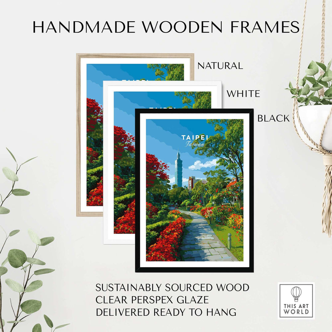 Handmade wooden frames in natural, white, and black featuring a Taipei botanical garden print, made from sustainably sourced wood.