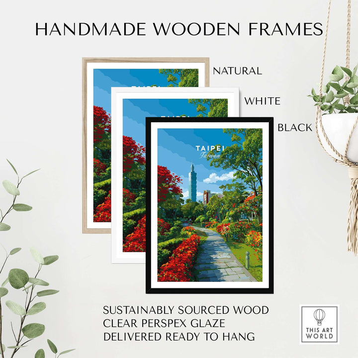 Handmade wooden frames in natural, white, and black featuring a Taipei botanical garden print, made from sustainably sourced wood.