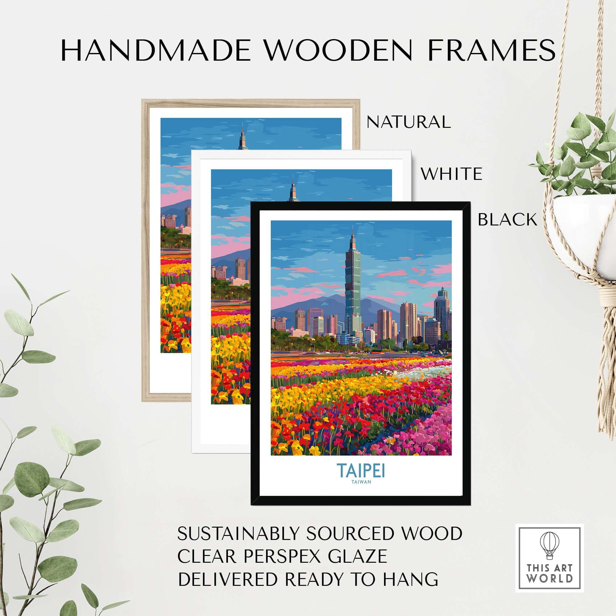 Handmade wooden frames for Taipei Taiwan Poster - Modern Urban Travel Print in natural, white, and black options.