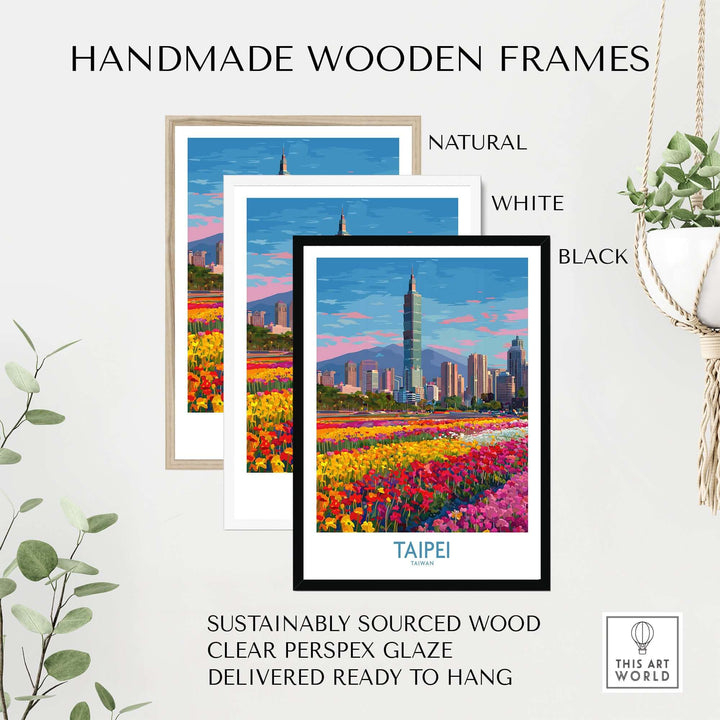 Handmade wooden frames in natural, white, and black with Taipei cityscape print, perfect for urban decor.