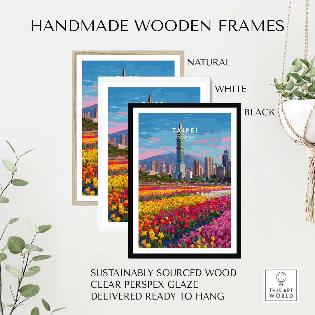 Handmade wooden frames in natural, white, and black for Taipei cityscape art print featuring vibrant flower fields.