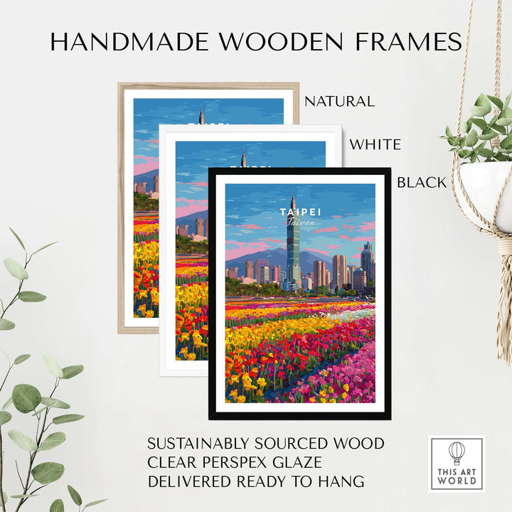 Handmade wooden frames in natural, white, and black for Taipei cityscape art print featuring vibrant flower fields.