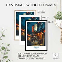 Handmade wooden frames for Taipei Taiwan Poster of Illuminated Market - Vibrant City Life Decor in natural, white, and black.