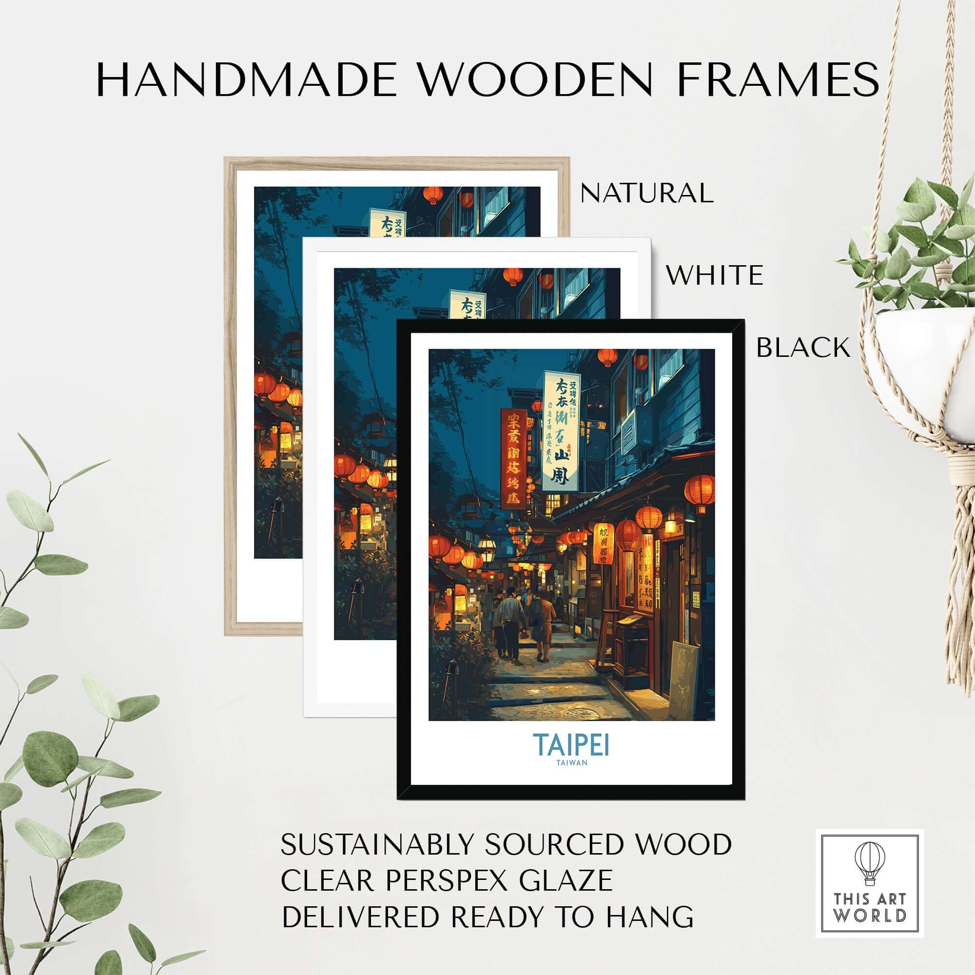 Handmade wooden frames for Taipei Taiwan Poster of Illuminated Market - Vibrant City Life Decor in natural, white, and black.