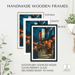 Handmade wooden frames in natural, white, and black colors for wall art display.