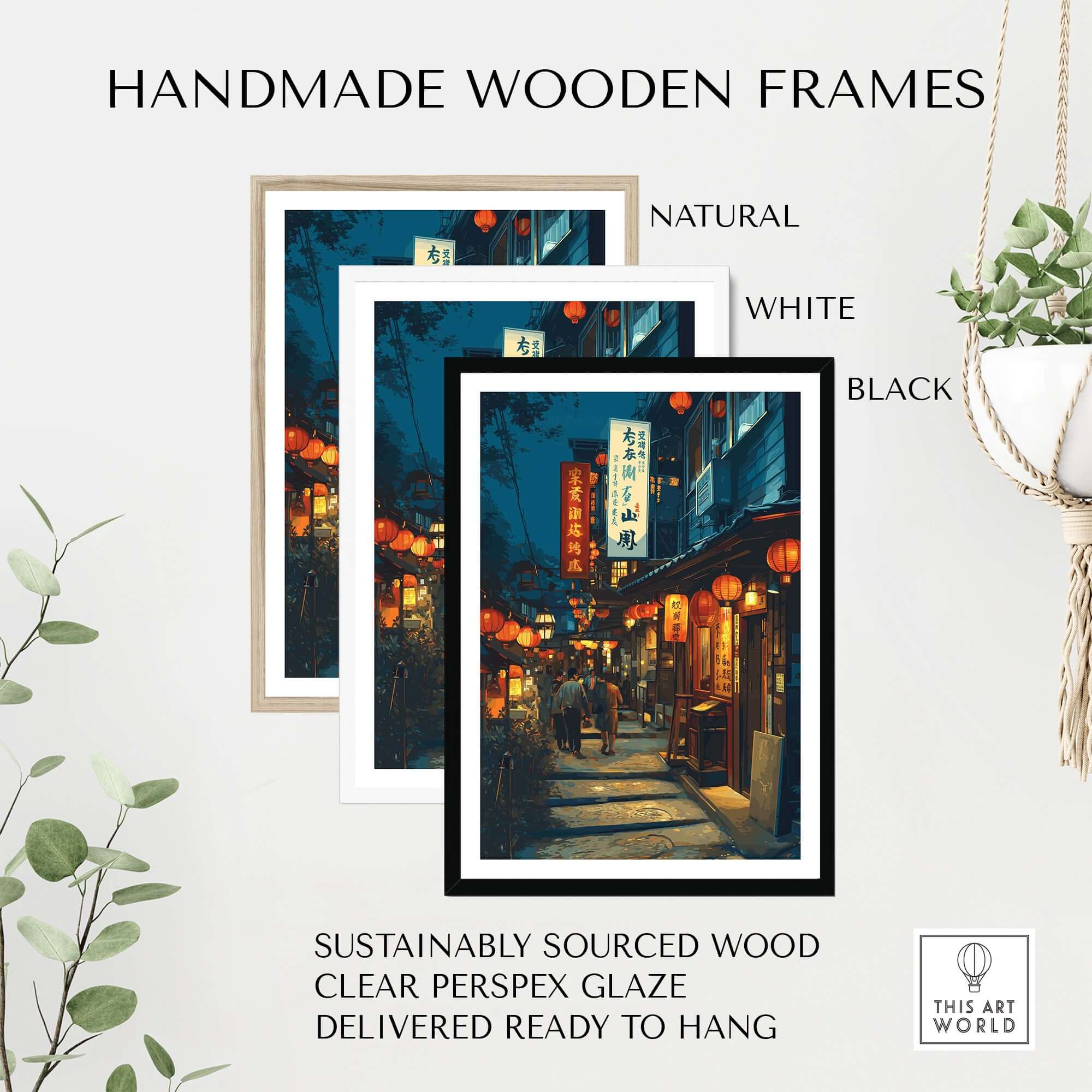 Handmade wooden frames in natural, white, and black colors for wall art display.