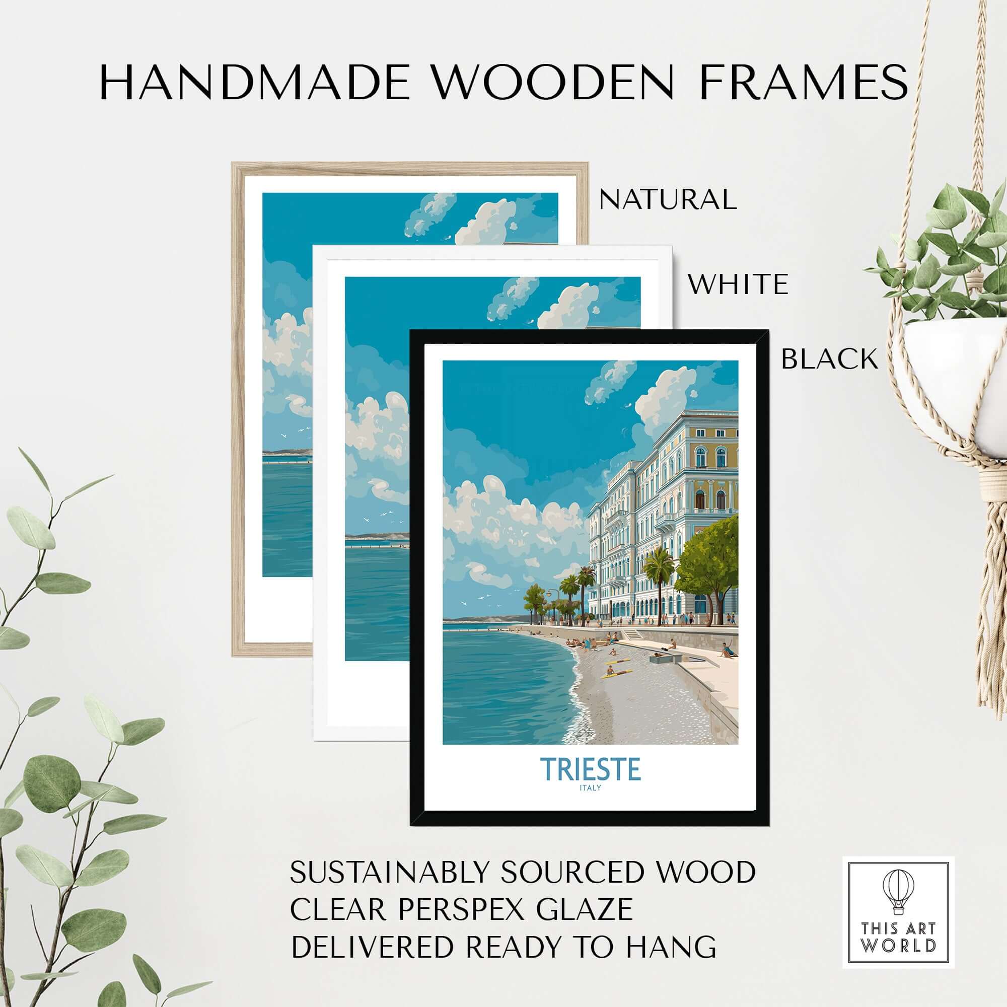 Handmade wooden frames for Trieste Print Italy Seafront Poster in natural, white, and black finishes.